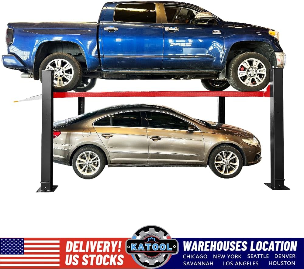 9500lbs 4 Post Lift with Moving Kits/Caster Aluminum Ramp Extra Height Four Post Lift 79" Lifting Height Storage Service Lift Home Parking Lift, 110v, 4H950