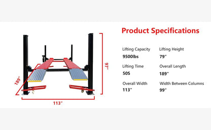 9500lbs 4 Post Lift with Moving Kits/Caster Aluminum Ramp Extra Height Four Post Lift 79" Lifting Height Storage Service Lift Home Parking Lift, 110v, 4H950