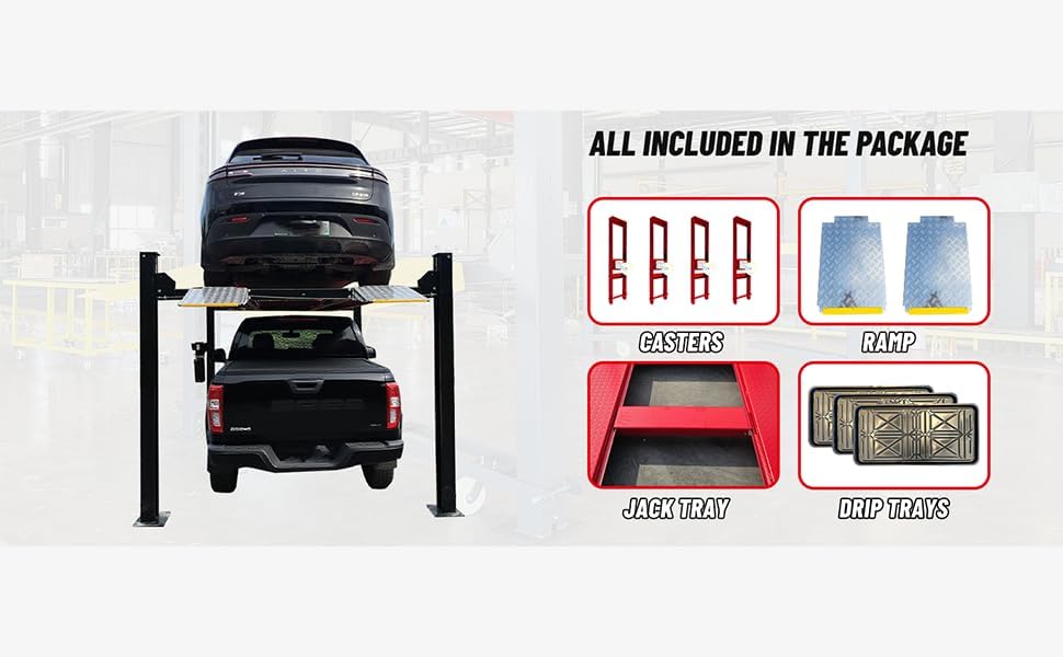 9500lbs 4 Post Lift with Moving Kits/Caster Aluminum Ramp Extra Height Four Post Lift 79" Lifting Height Storage Service Lift Home Parking Lift, 110v, 4H950