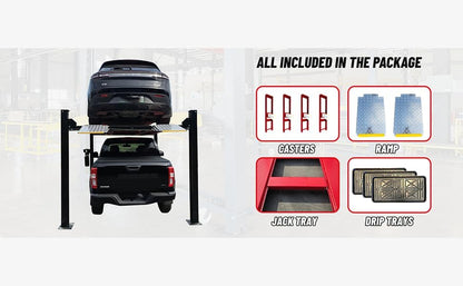9500lbs 4 Post Lift with Moving Kits/Caster Aluminum Ramp Extra Height Four Post Lift 79" Lifting Height Storage Service Lift Home Parking Lift, 110v, 4H950
