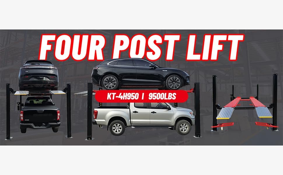 9500lbs 4 Post Lift with Moving Kits/Caster Aluminum Ramp Extra Height Four Post Lift 79" Lifting Height Storage Service Lift Home Parking Lift, 110v, 4H950