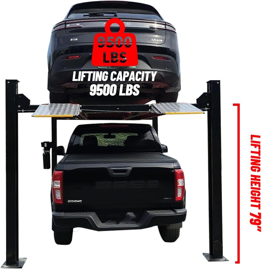9500lbs 4 Post Lift with Moving Kits/Caster Aluminum Ramp Extra Height Four Post Lift 79" Lifting Height Storage Service Lift Home Parking Lift, 110v, 4H950