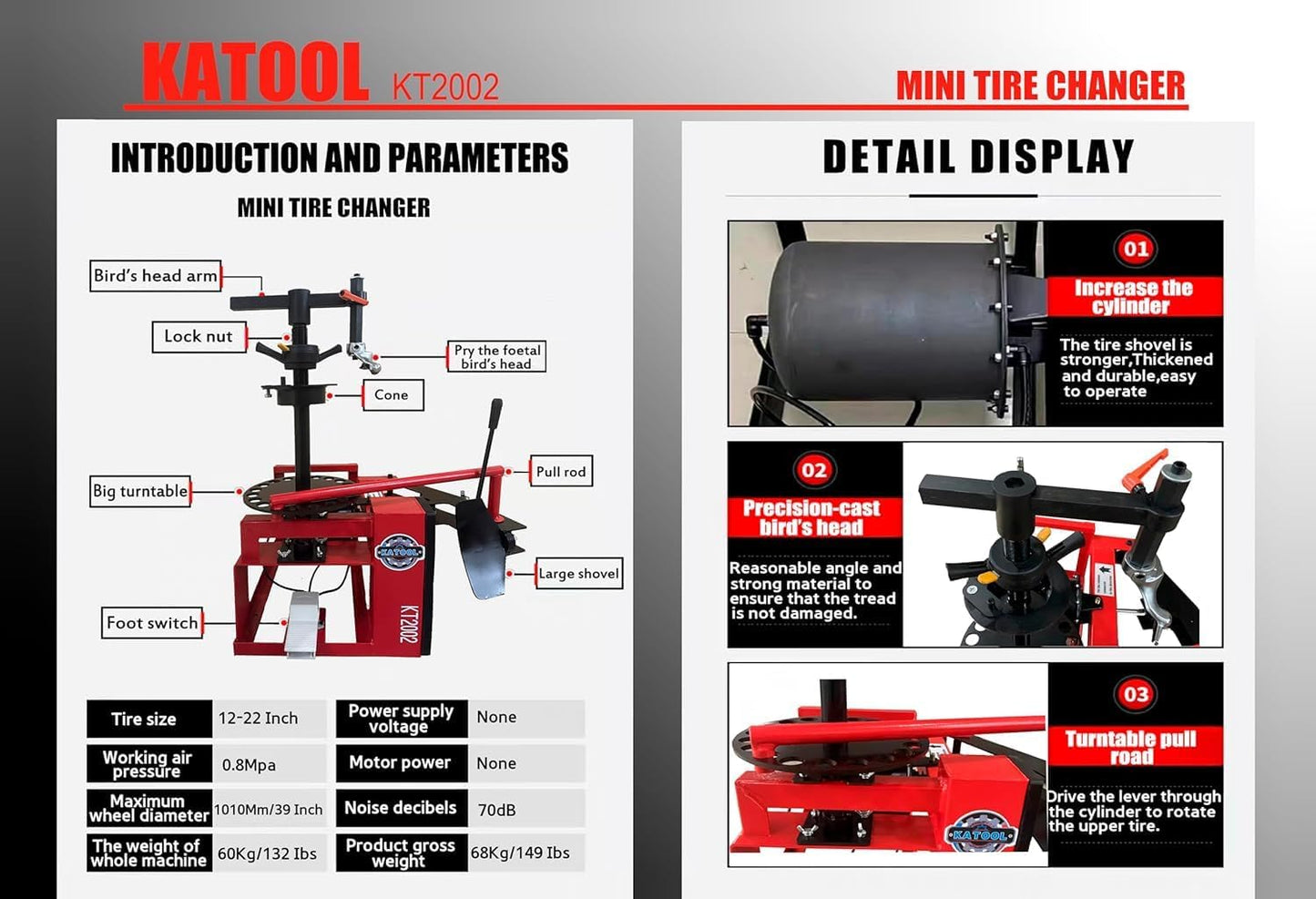 39" Max Wheel Diameter Mini Tire Changer Machine Tire Machine for Road Rescue, Shop Repair, and Home Garage, Red, KT-2002P
