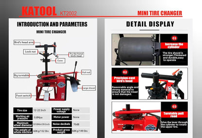 39" Max Wheel Diameter Mini Tire Changer Machine Tire Machine for Road Rescue, Shop Repair, and Home Garage, Red, KT-2002P